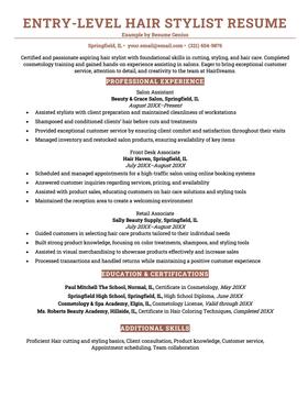 Entry-level hair stylist resume example and template