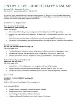 Entry-level hospitality resume example and template, specifically targeting hotel work