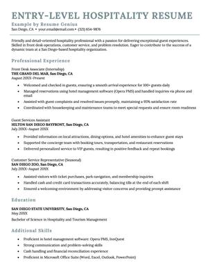 Entry-level hospitality resume example and template, specifically targeting hotel work