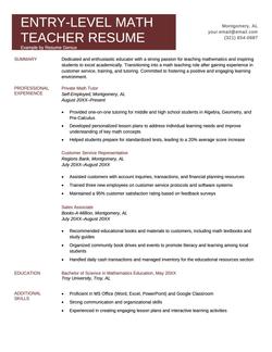 An entry-level math teacher resume example.