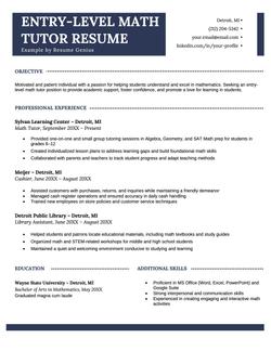 An example resume for an entry-level math tutor