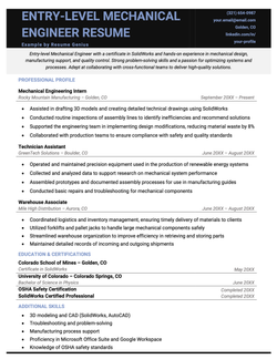 A mechanical engineer resume example for an entry-level position