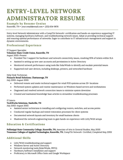 An example entry-level network administrator resume