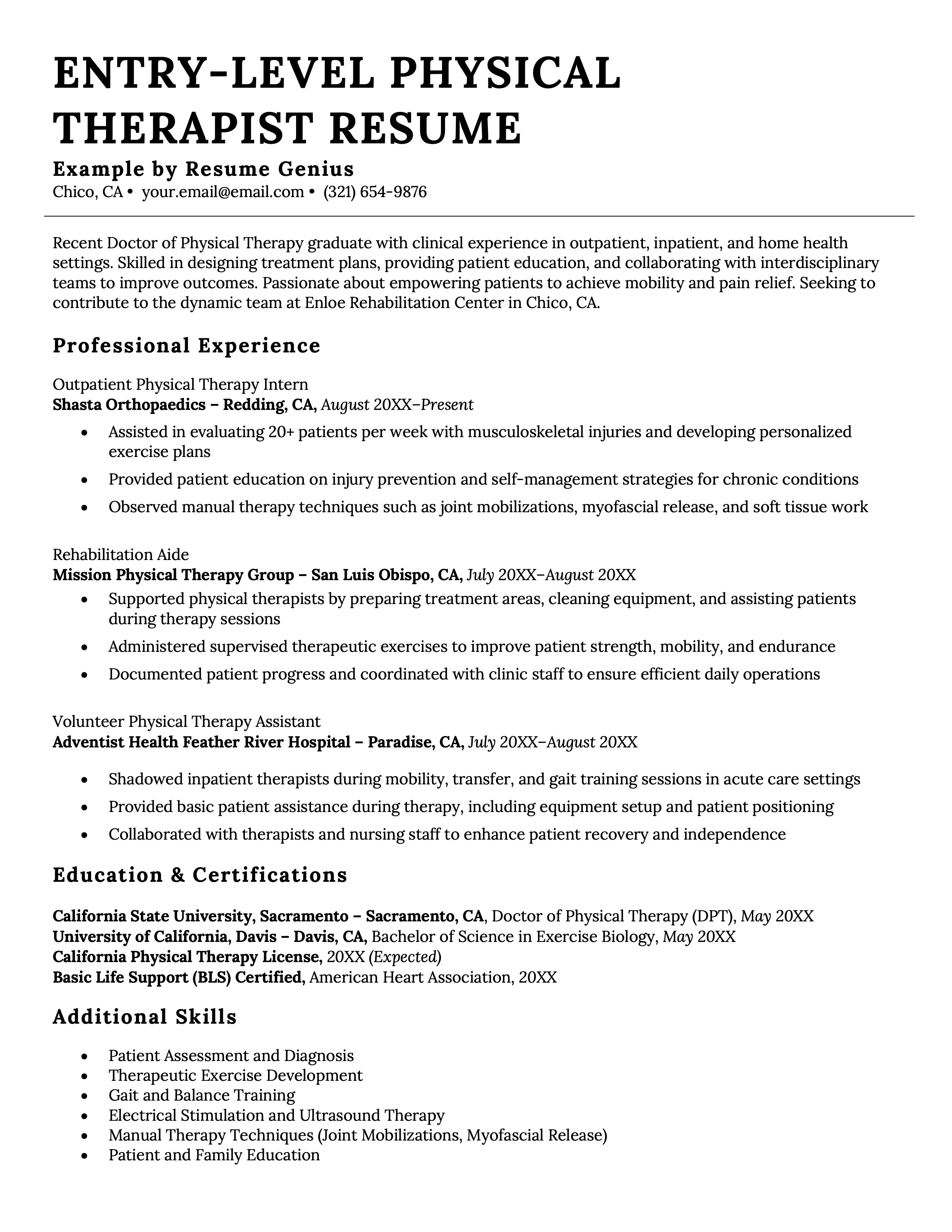 An entry-level physical therapist resume example.