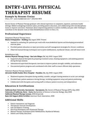 An entry-level physical therapist resume example.