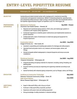 An entry-level pipefitter resume example.