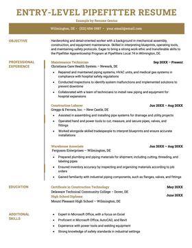 An entry-level pipefitter resume example.