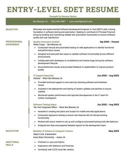 An entry-level SDET resume example.