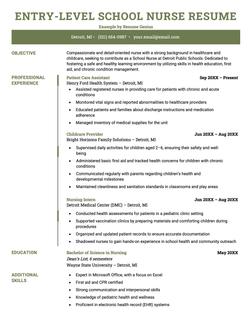 An entry-level school nurse resume example.