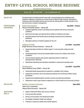 An entry-level school nurse resume example.