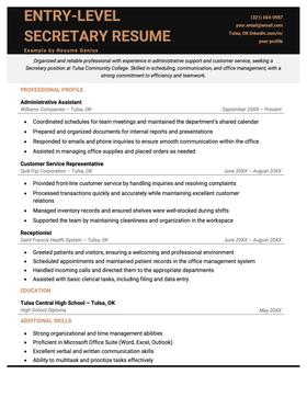 An entry-level secretary resume.