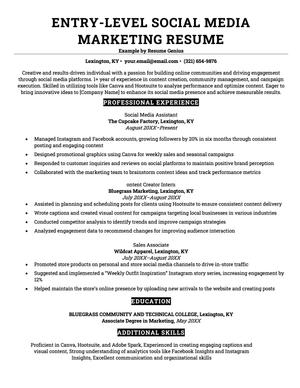 Entry-level social media marketing resume example and template