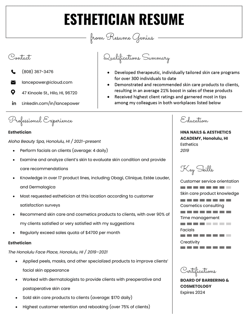 An esthetician resume sample with large, bold text for the applicant's name