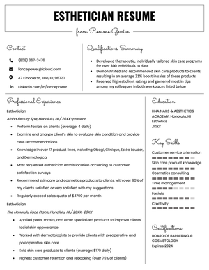An esthetician resume sample with large, bold text for the applicant's name