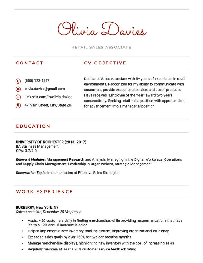 The European CV template, which has red header text throughout and features the applicant's name in a subtle script font