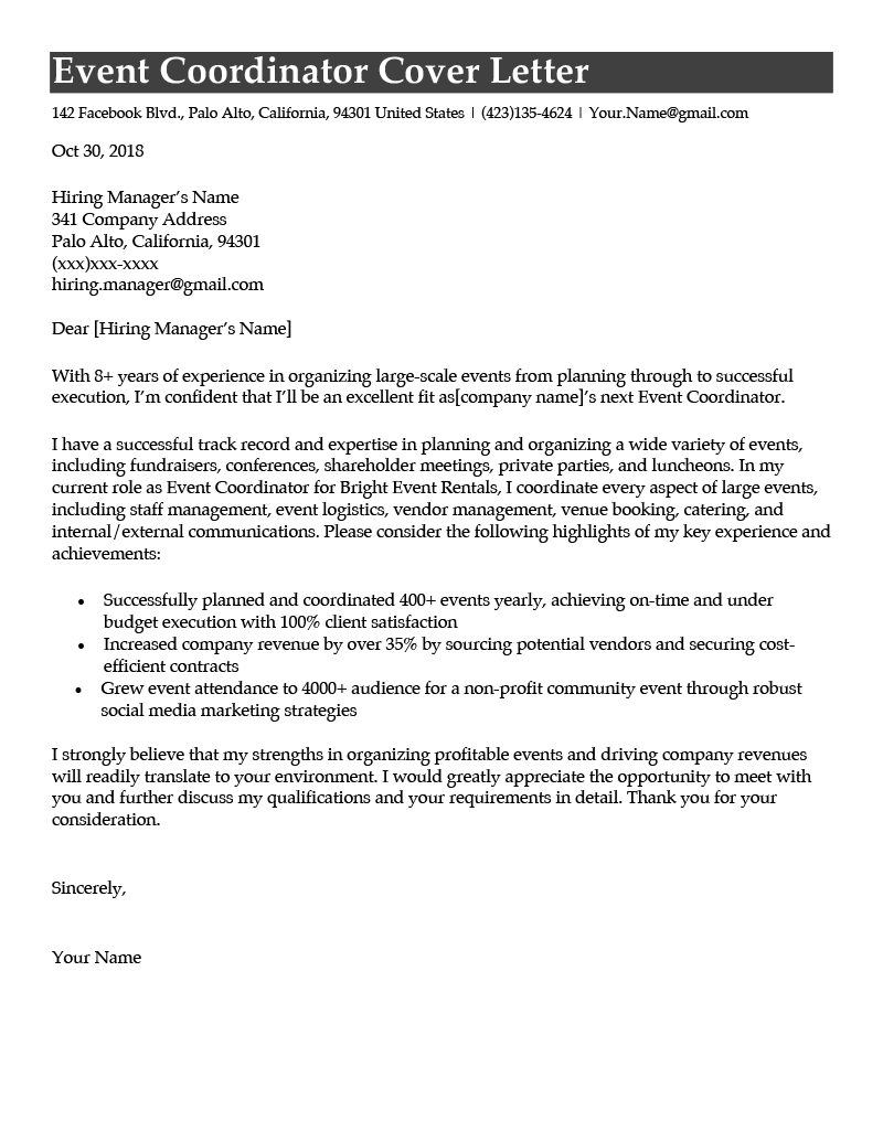 An event coordinator cover letter example