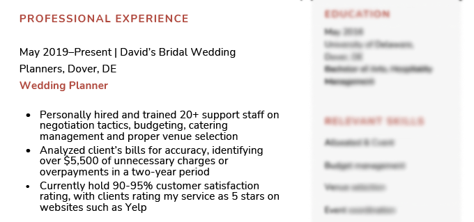 An example of quantified work experience on a event planner resume