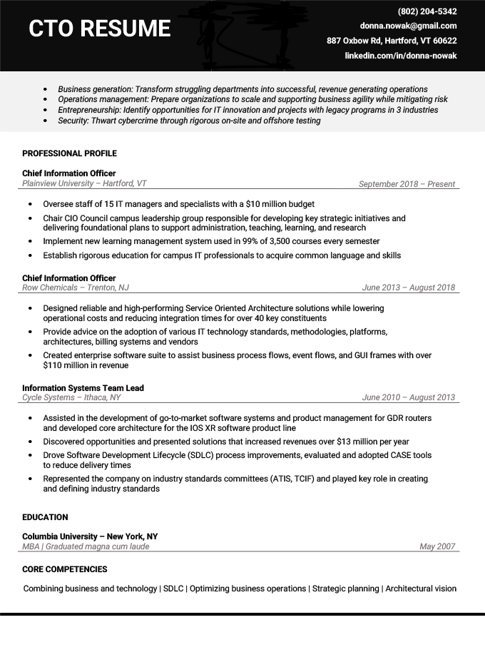 An executive resume example for a CTO