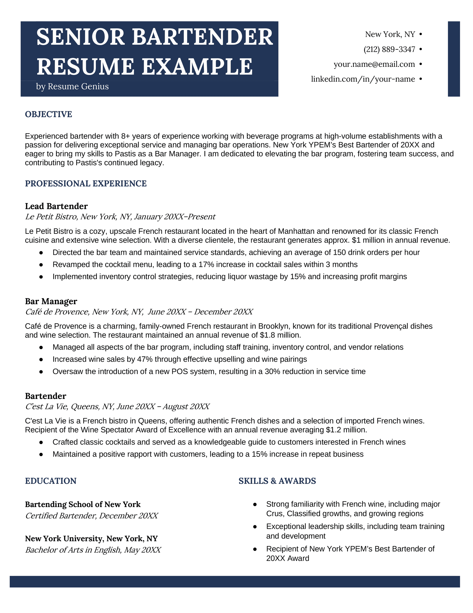 Example of an experienced bartender resume with leader bartender and bar manager experience, using a professional resume template with dark blue headings and design elements.