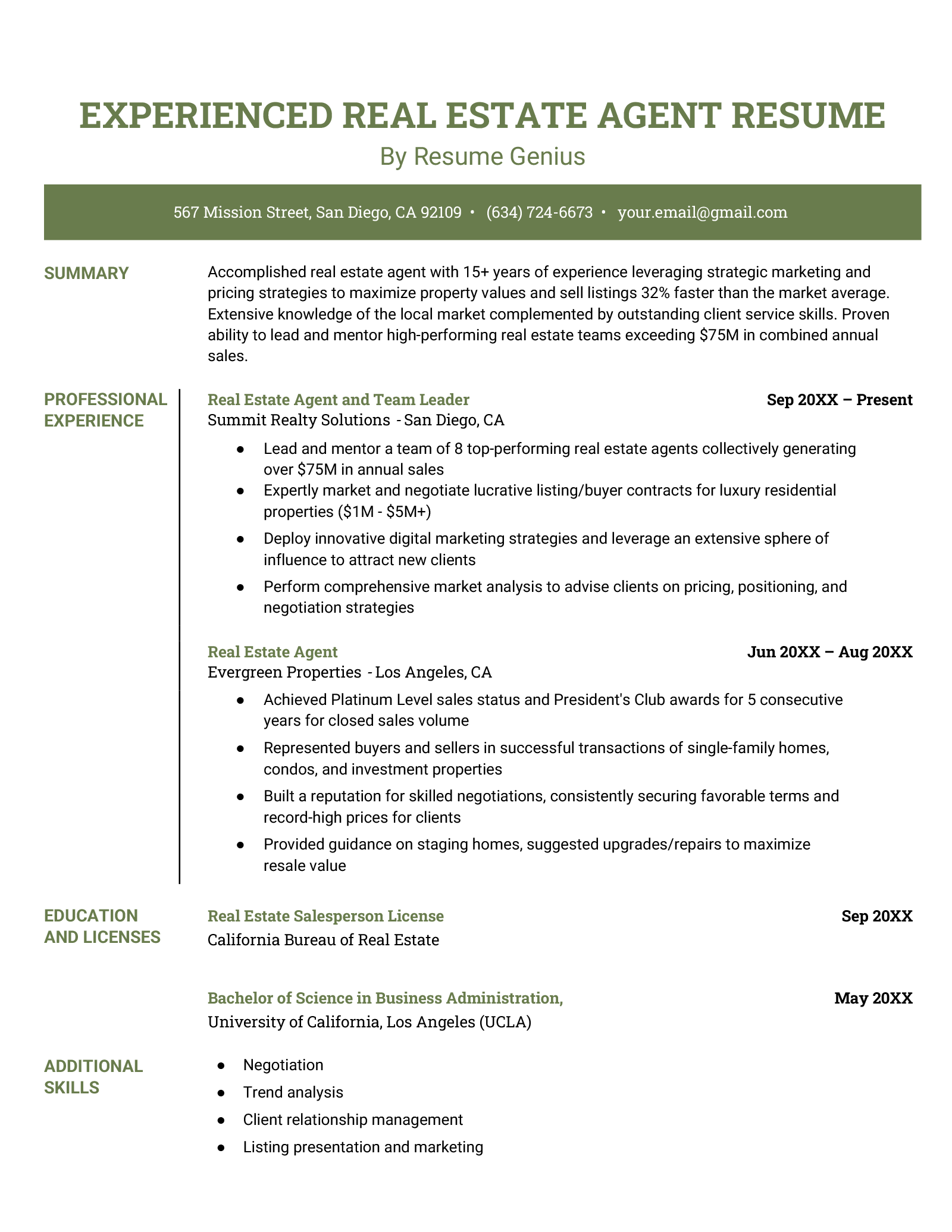 An example of an experienced real estate agent resume.