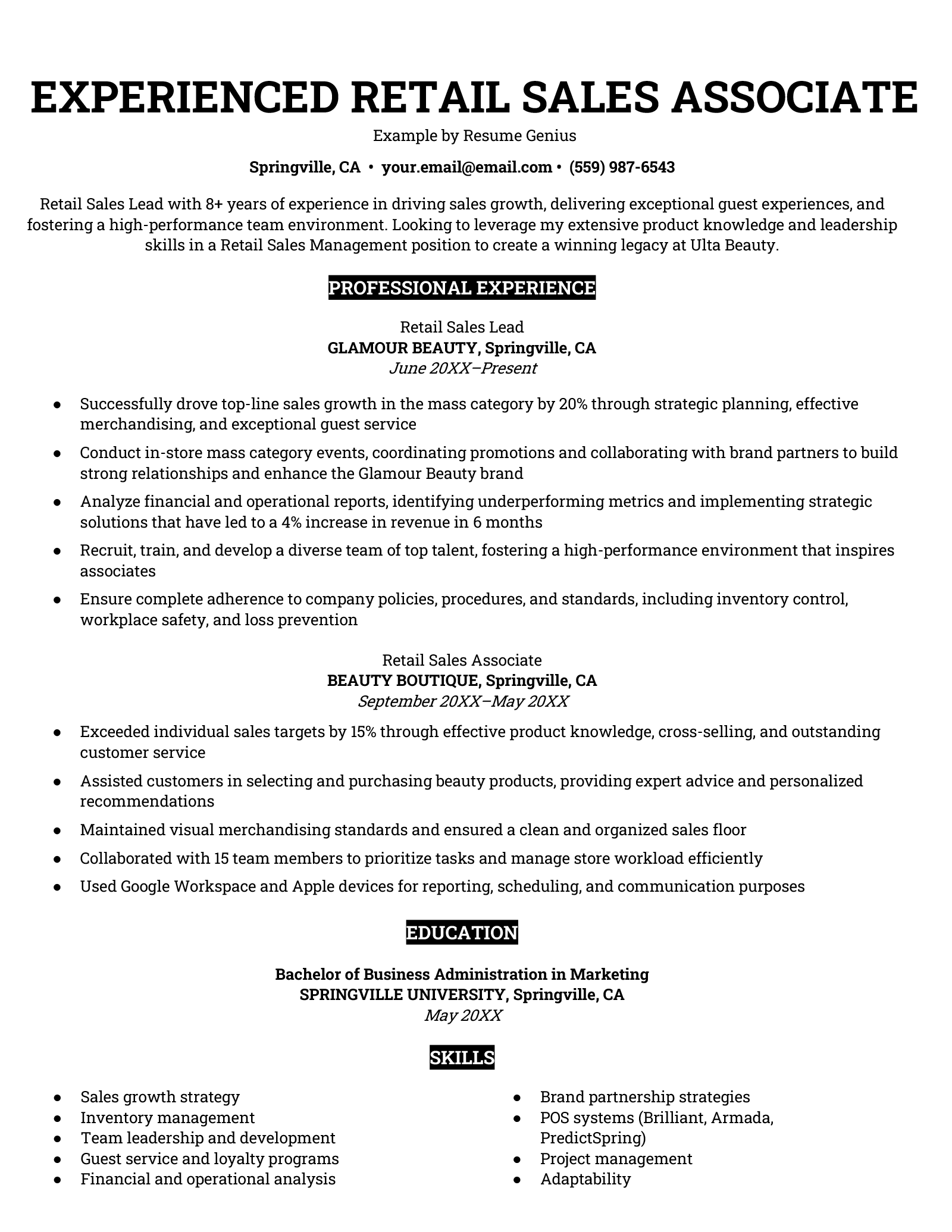 An example of a resume for an experienced retail sales associate with a traditional and simple resume layout and black section headings.