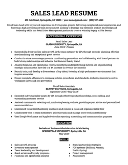 Example of a resume for an experienced retail sales associate with a traditional and simple resume layout and black section headings.