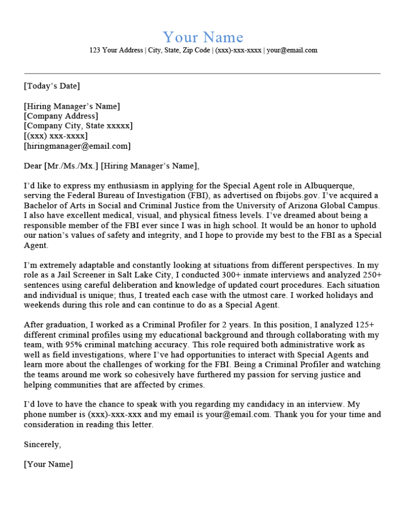 criminal justice resume cover letter