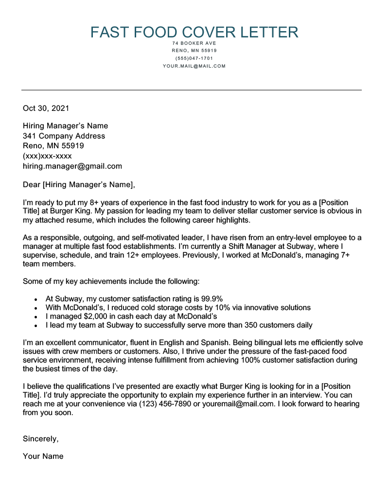 food service cover letter sample no experience