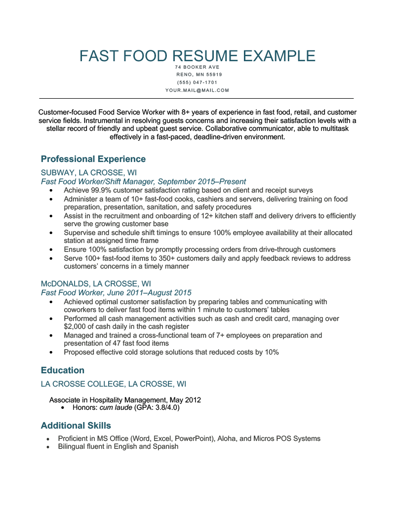 Fast Food Resume Example Template