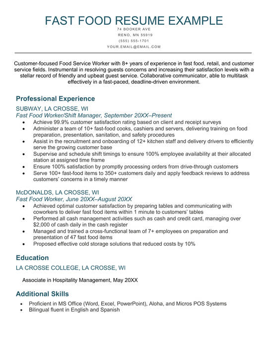 Fast Food Resume Example Template