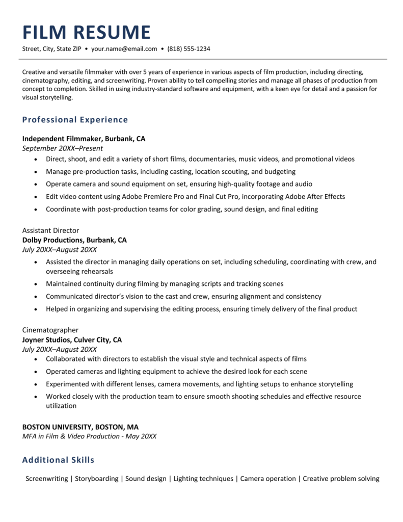 resume for film student