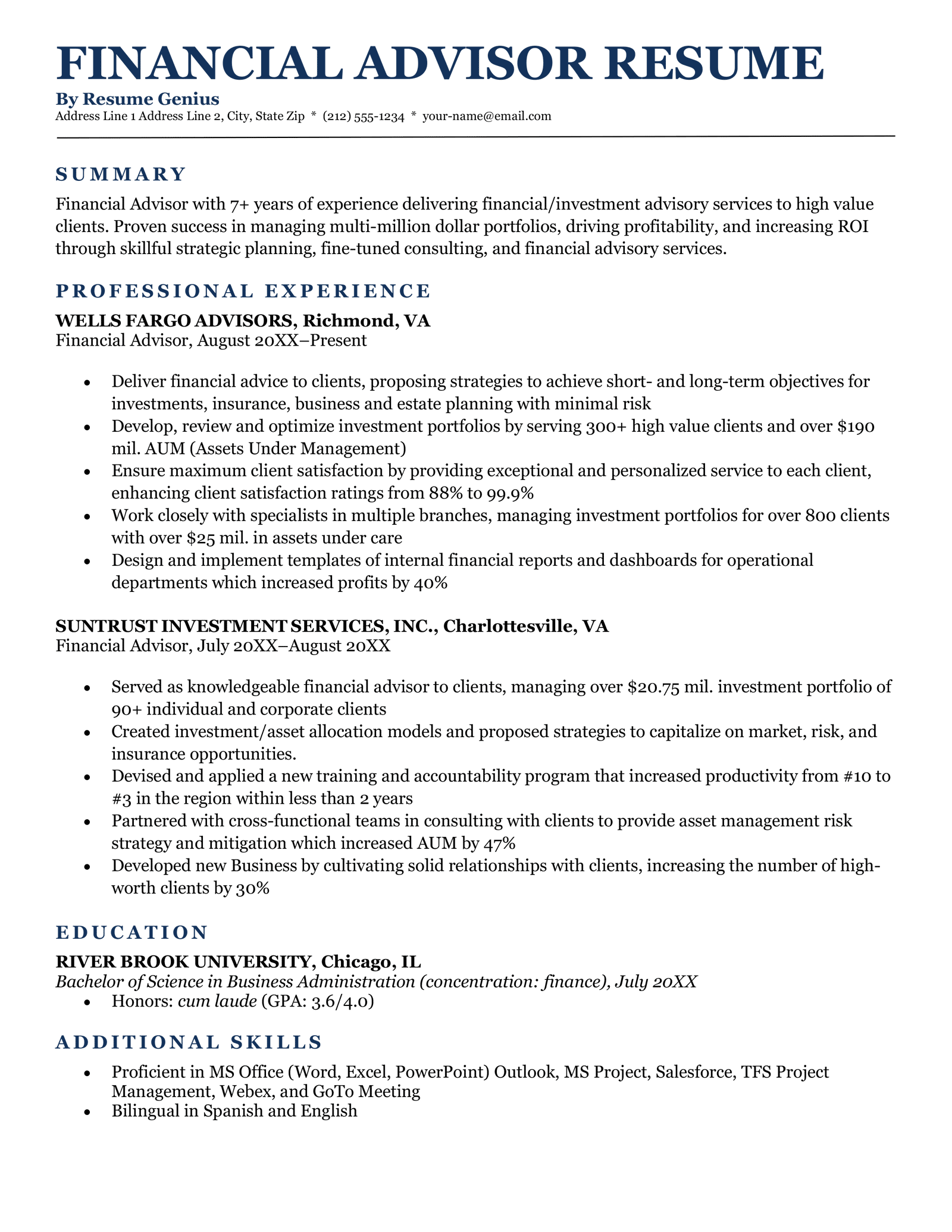 Client Advisor Resume Sample