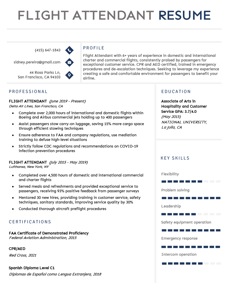 A flight attendant resume sample with multi-colored text in the heading to make the applicant's name stand out