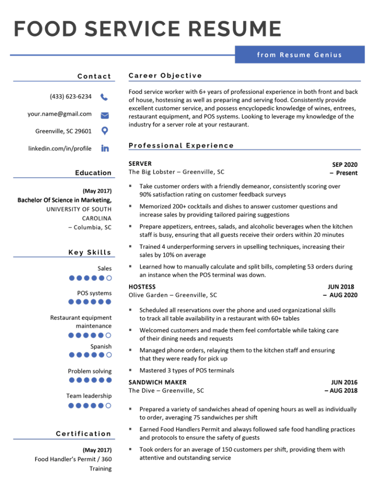 resume for food service worker