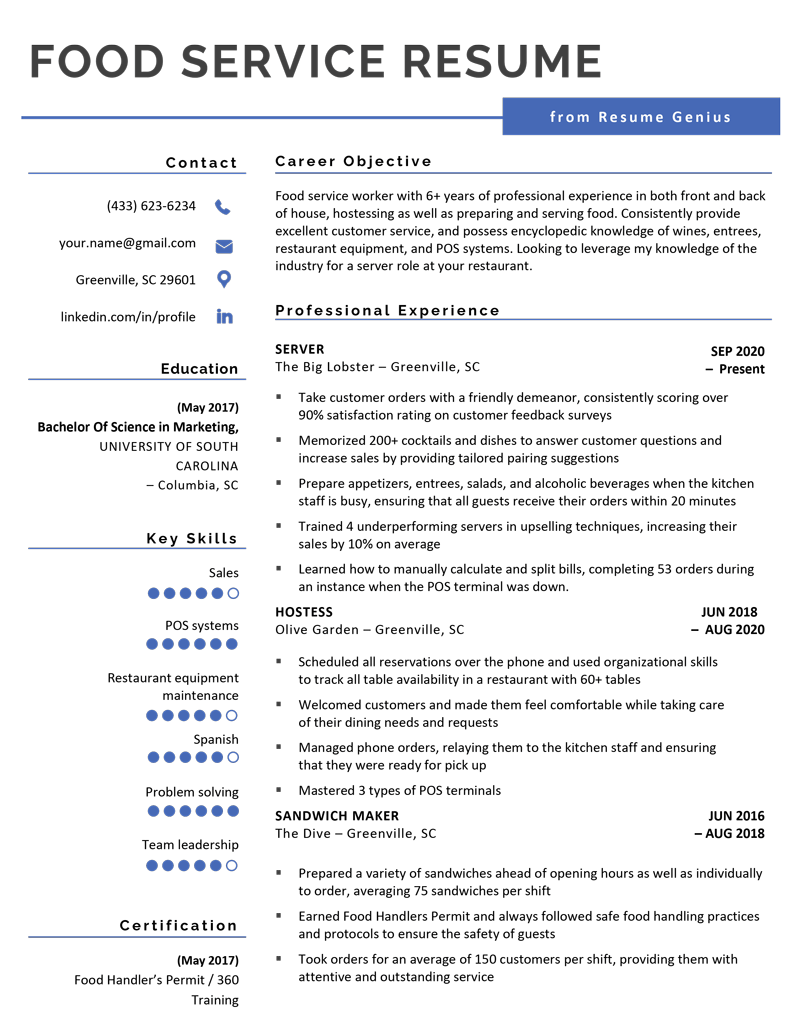 Example of a food service resume.