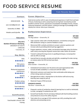 Example of a food service resume.