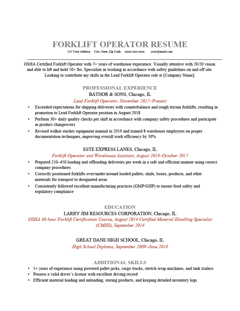 Forklift Operator Resume Sample and Tips Resume Genius