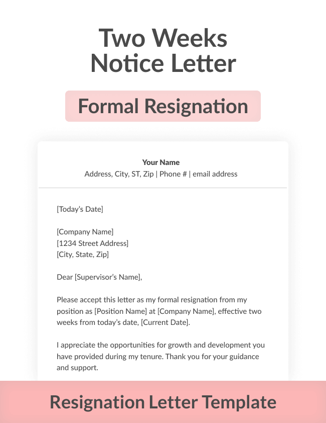 A formal two weeks' notice resignation letter template