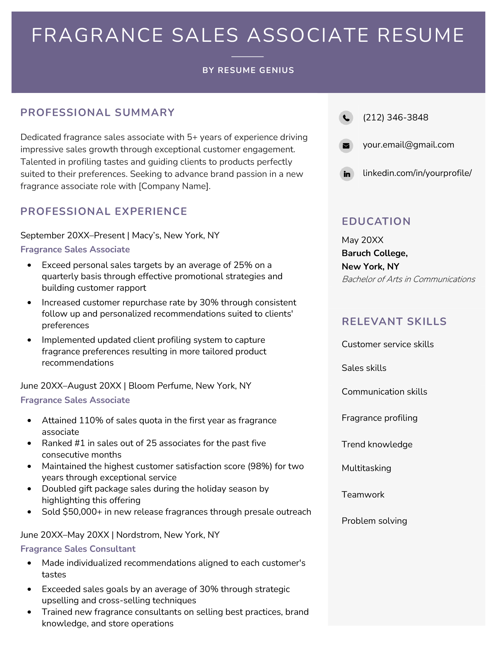 Example template for a fragrance sales associate resume.