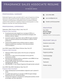 Example template for a fragrance sales associate resume.