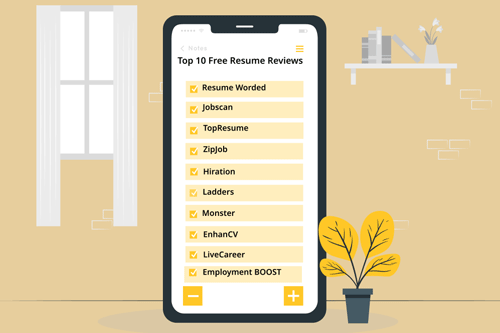 A cartoon character using a mobile phone to view a list of the top 10 free resume review sites