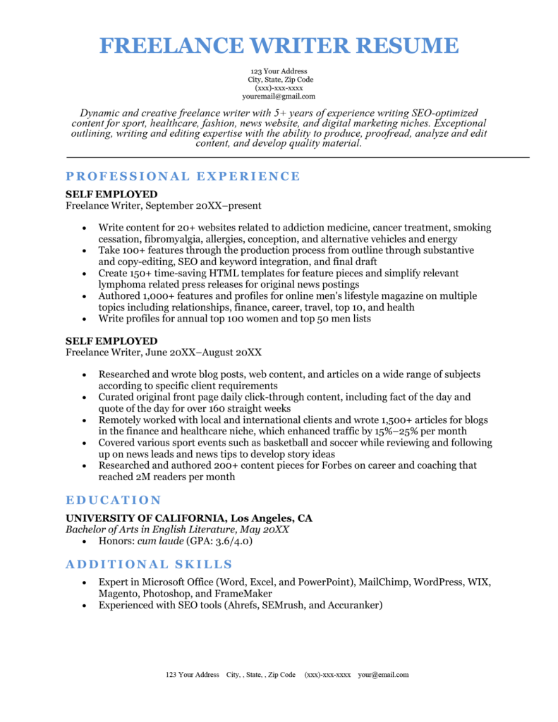 freelance writer resume with no experience