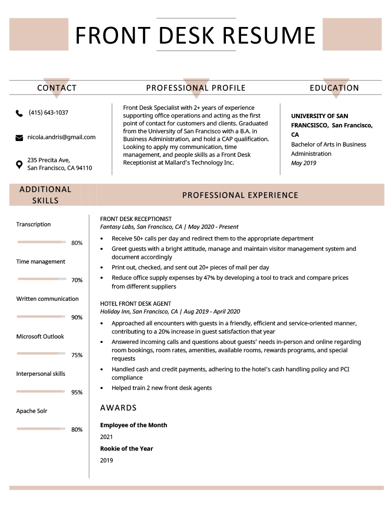 A front desk resume example