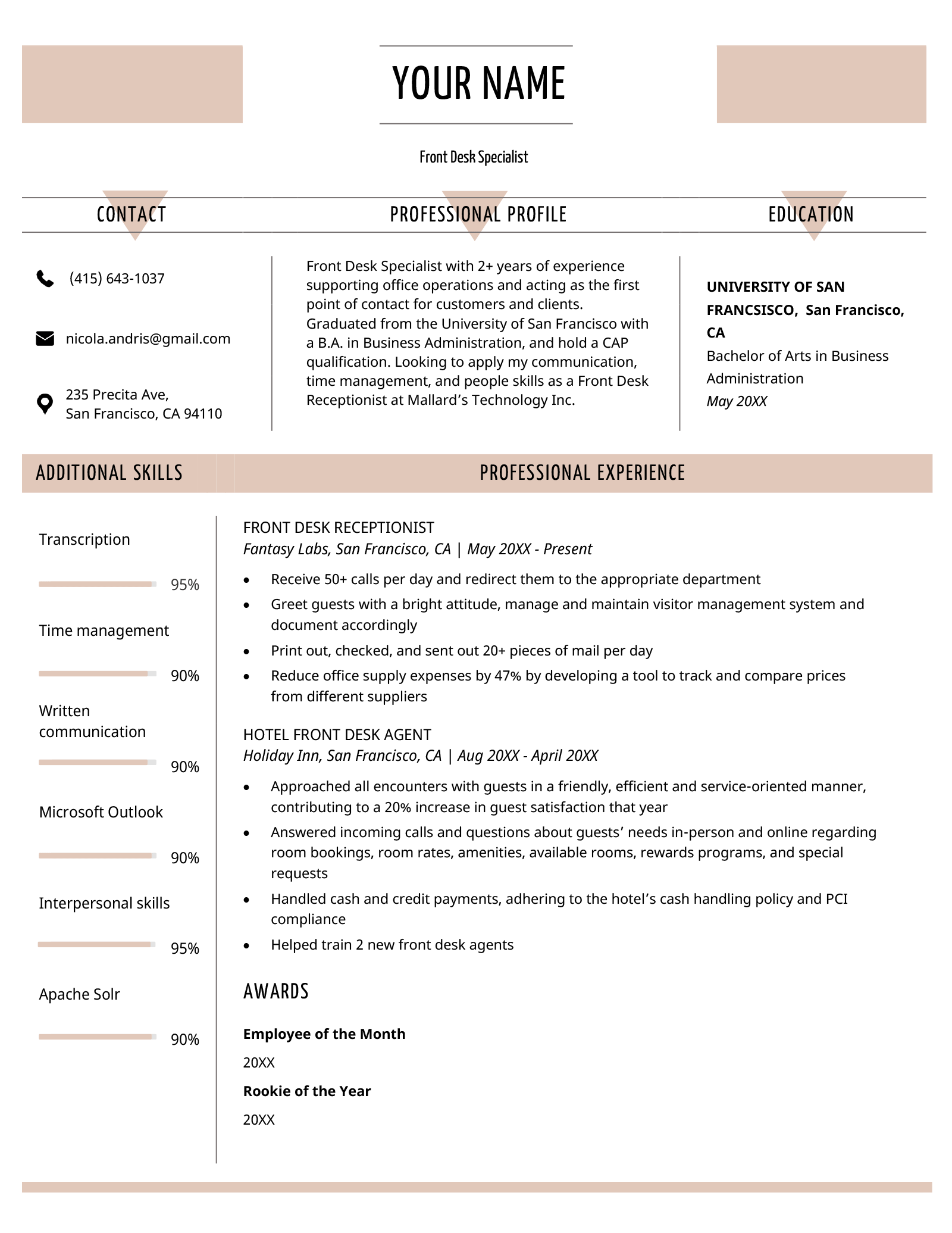 CAREER MY CLASSES   Front Desk Resume Example Template 2 