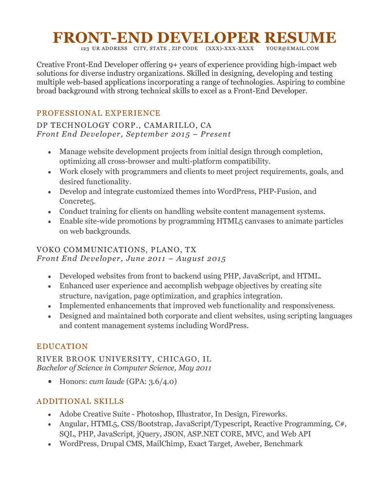A front-end developer resume example