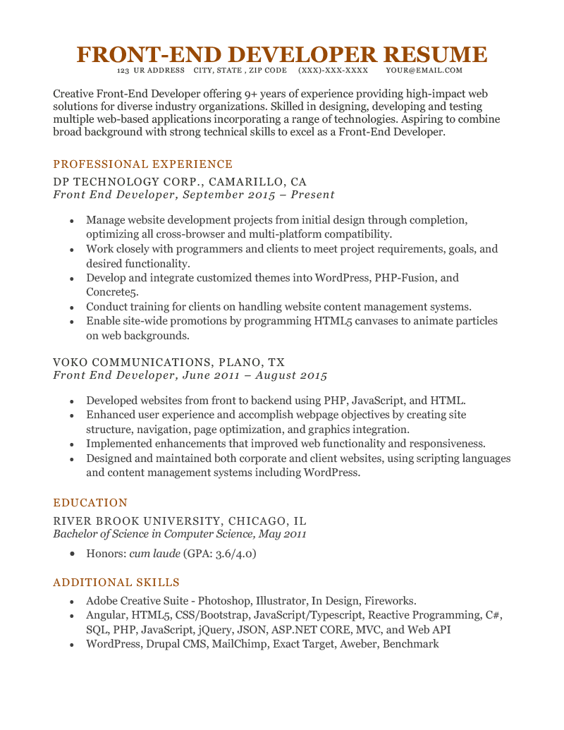 Front End Developer Resume Example 