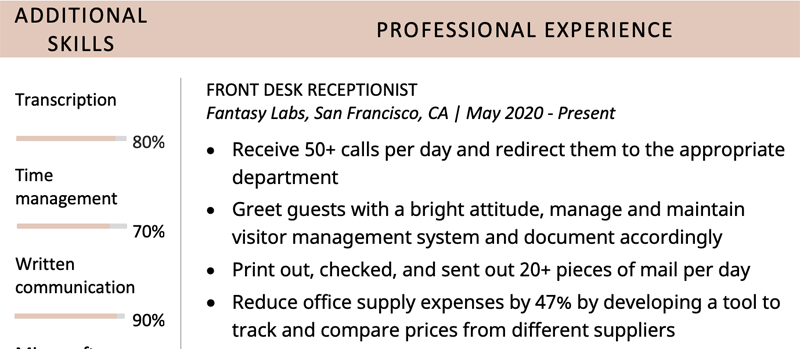 Example of skills on a front desk resume