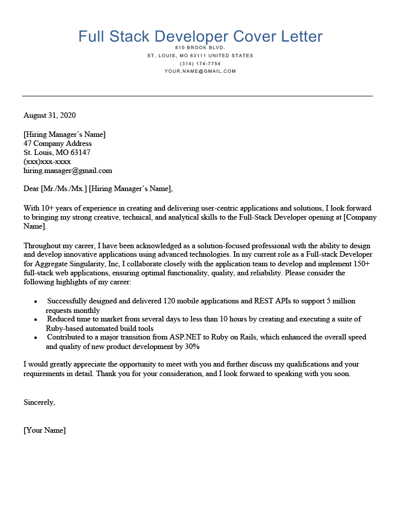 sample cover letter technical manager
