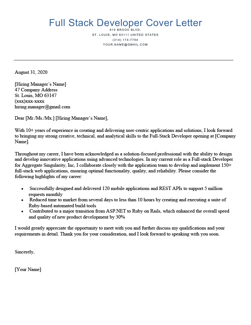 cover letter for full stack developer with no experience