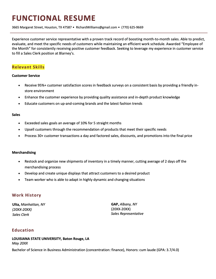 Example of a functional resume format that lists skills in subheadings near the top of the resume, with a small work history section and education section below.